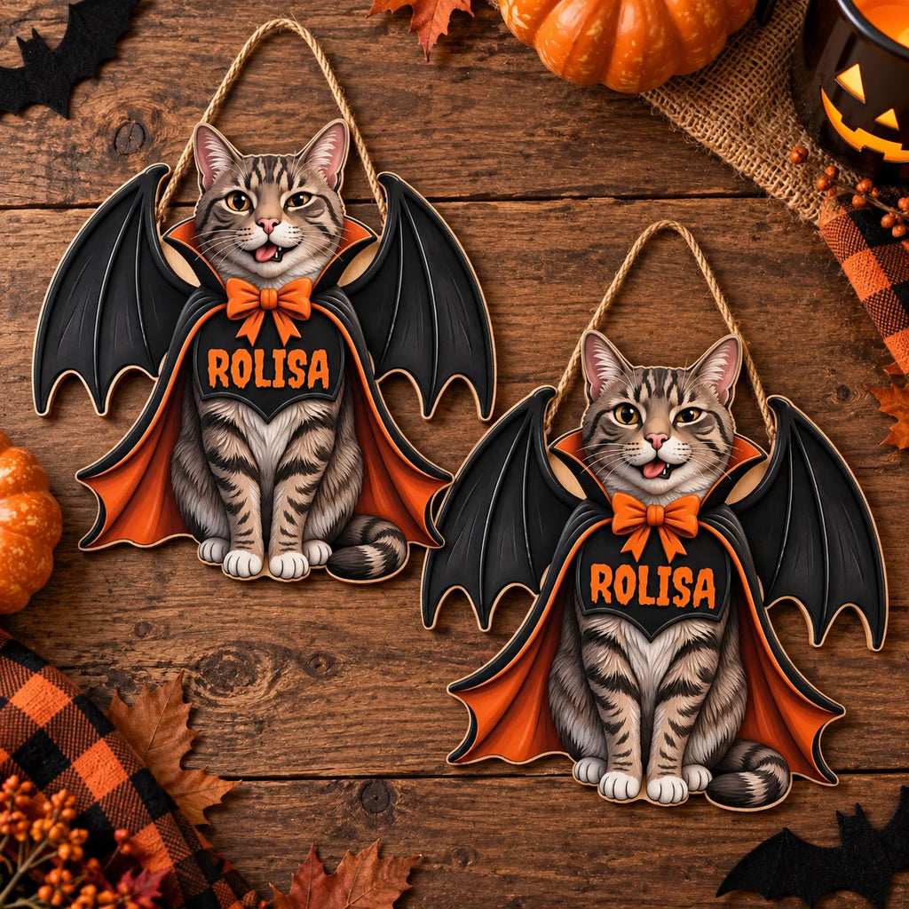 Vampire Cat Halloween Door Hanger Personalized Custom Name Wooden Front Door Sign Decor