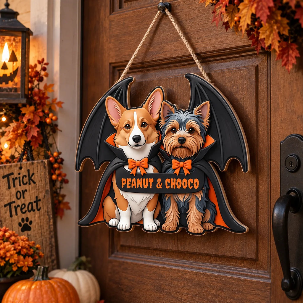 Close-up of Vampire Cat Halloween Door Hanger Personalized Custom Name Wooden Front Door Sign Decor