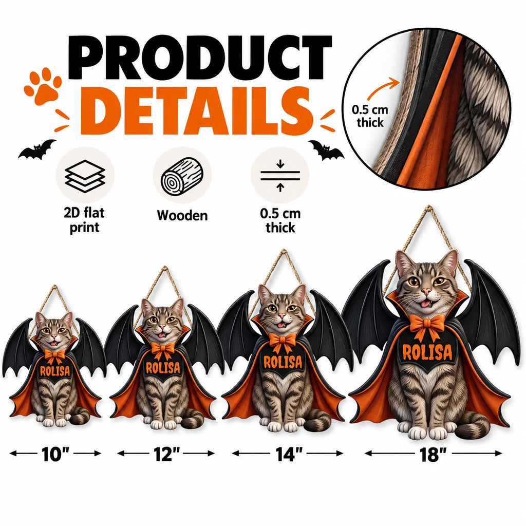 Vampire Cat Halloween Door Hanger Personalized Custom Name Wooden Front Door Sign Decor