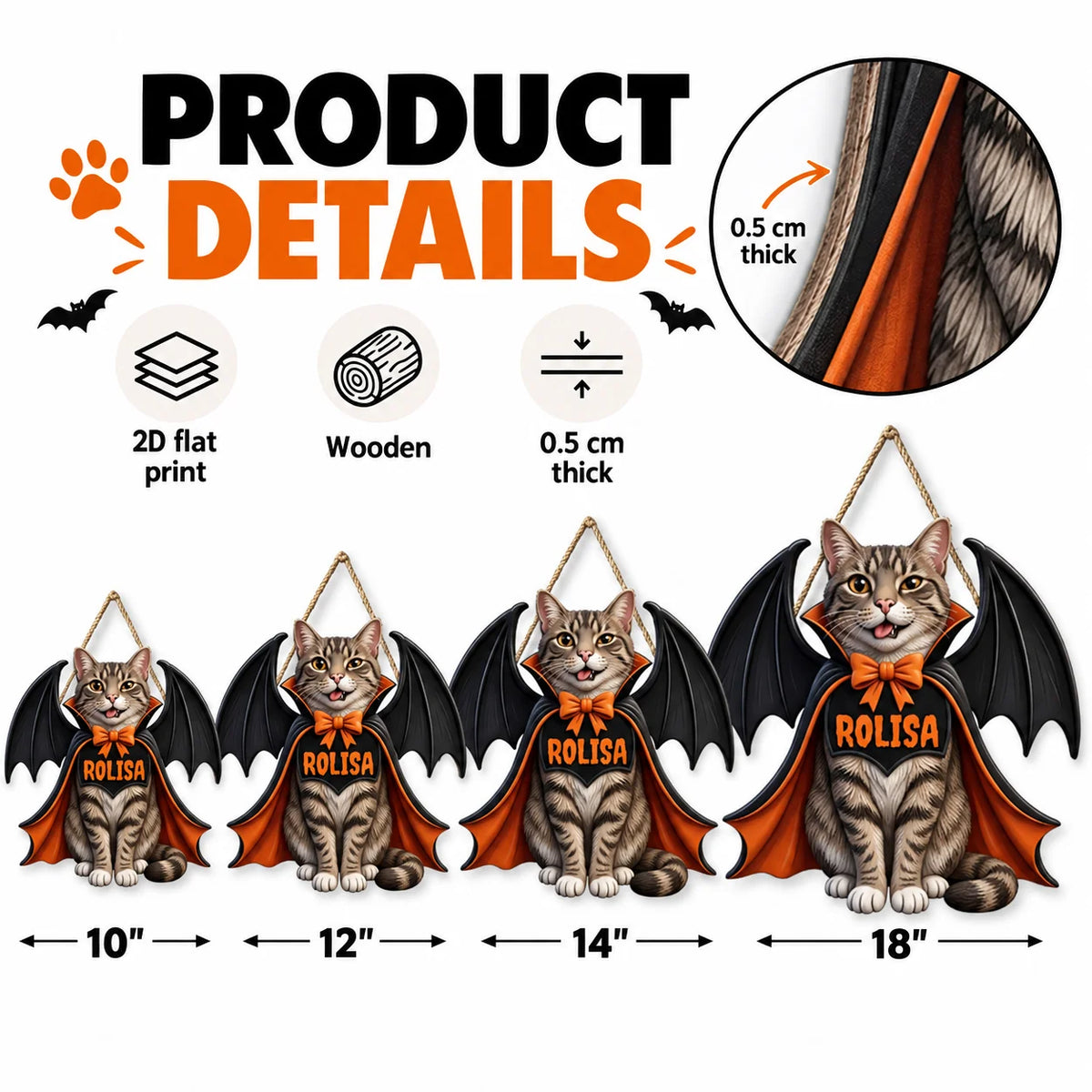 Vampire Cat Halloween Door Hanger Personalized Custom Name Wooden Front Door Sign Decor