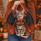 Close-up of Vampire Cat Halloween Door Hanger Personalized Custom Name Wooden Front Door Sign Decor