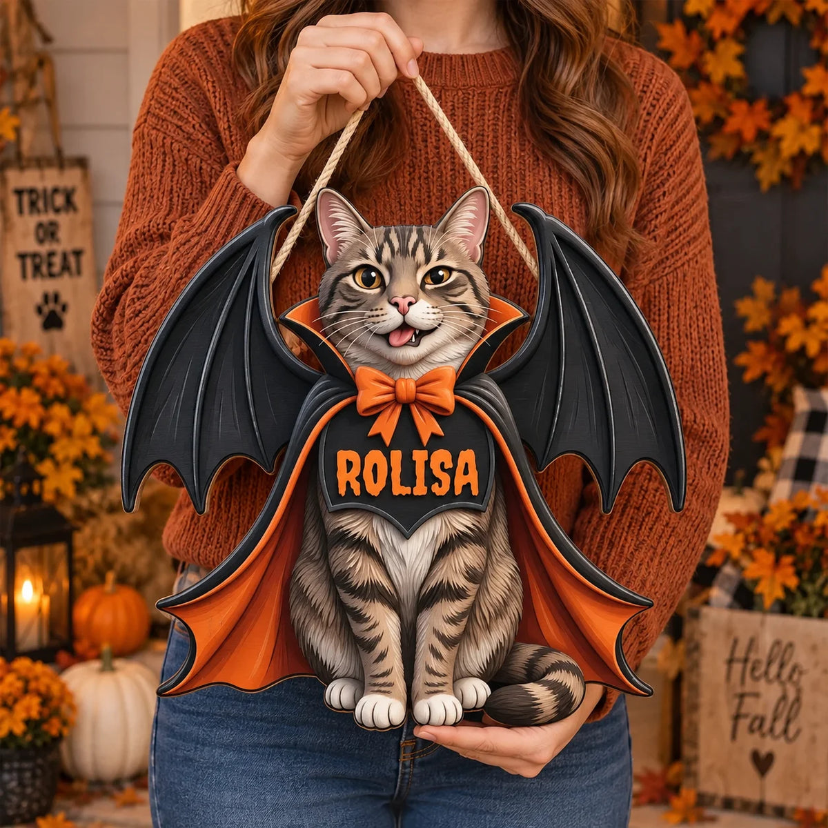 Close-up of Vampire Cat Halloween Door Hanger Personalized Custom Name Wooden Front Door Sign Decor