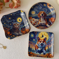 Van Gogh Style Cat and Corgi Halloween Jewelry Dish, Starry Night Ceramic Trinket Tray Gift for Pet Lovers