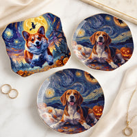 Van Gogh Style Cat and Corgi Halloween Jewelry Dish, Starry Night Ceramic Trinket Tray Gift for Pet Lovers