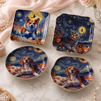 Van Gogh Style Cat and Corgi Halloween Jewelry Dish, Starry Night Ceramic Trinket Tray Gift for Pet Lovers