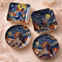 Van Gogh Style Cat and Corgi Halloween Jewelry Dish, Starry Night Ceramic Trinket Tray Gift for Pet Lovers