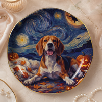 Van Gogh Style Cat and Corgi Halloween Jewelry Dish, Starry Night Ceramic Trinket Tray Gift for Pet Lovers