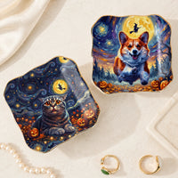 Van Gogh Style Cat and Corgi Halloween Jewelry Dish, Starry Night Ceramic Trinket Tray Gift for Pet Lovers