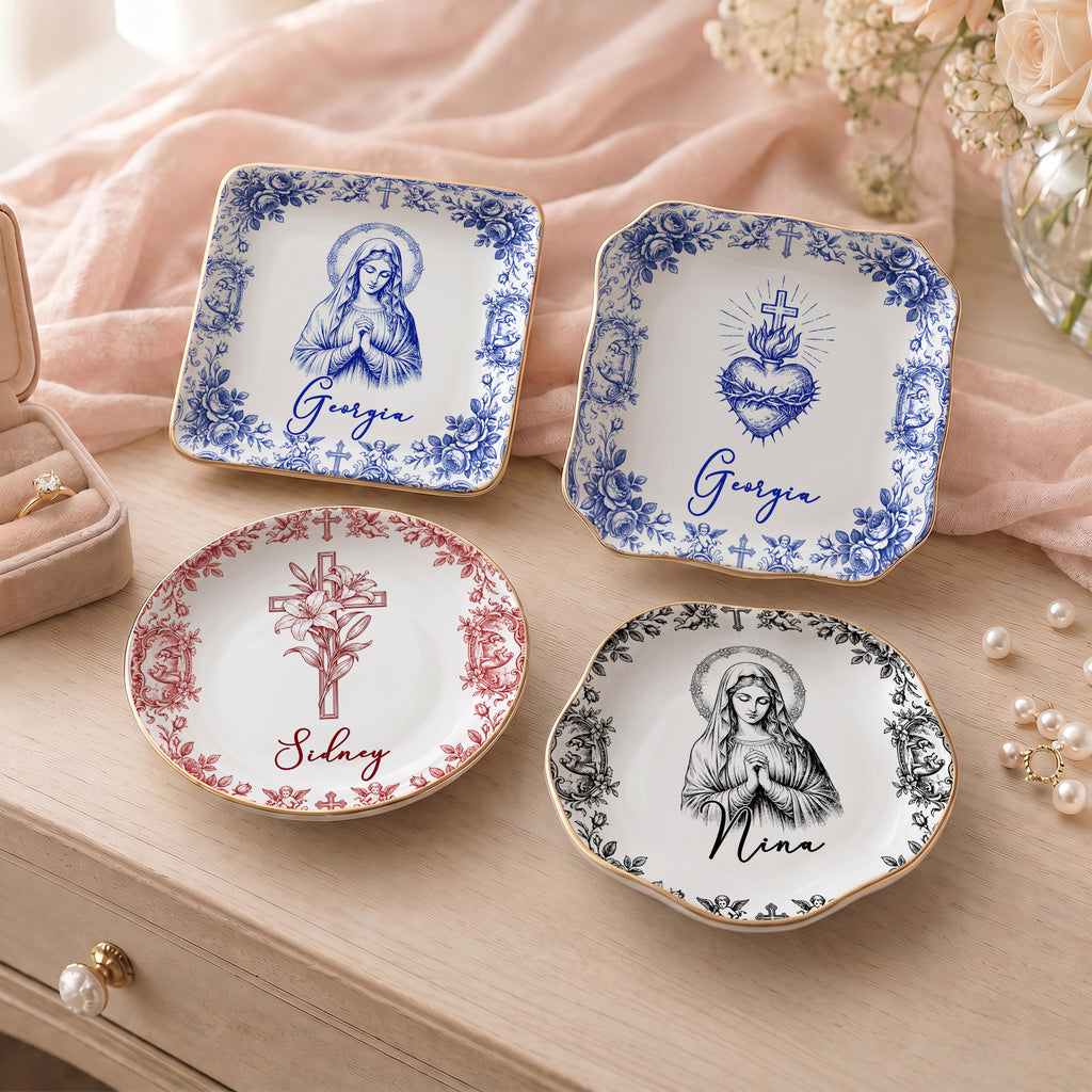 Virgin Mary Plate Personalized Catholic Ceramic Trinket Dish Vintage Religious Christian Baptism Gif