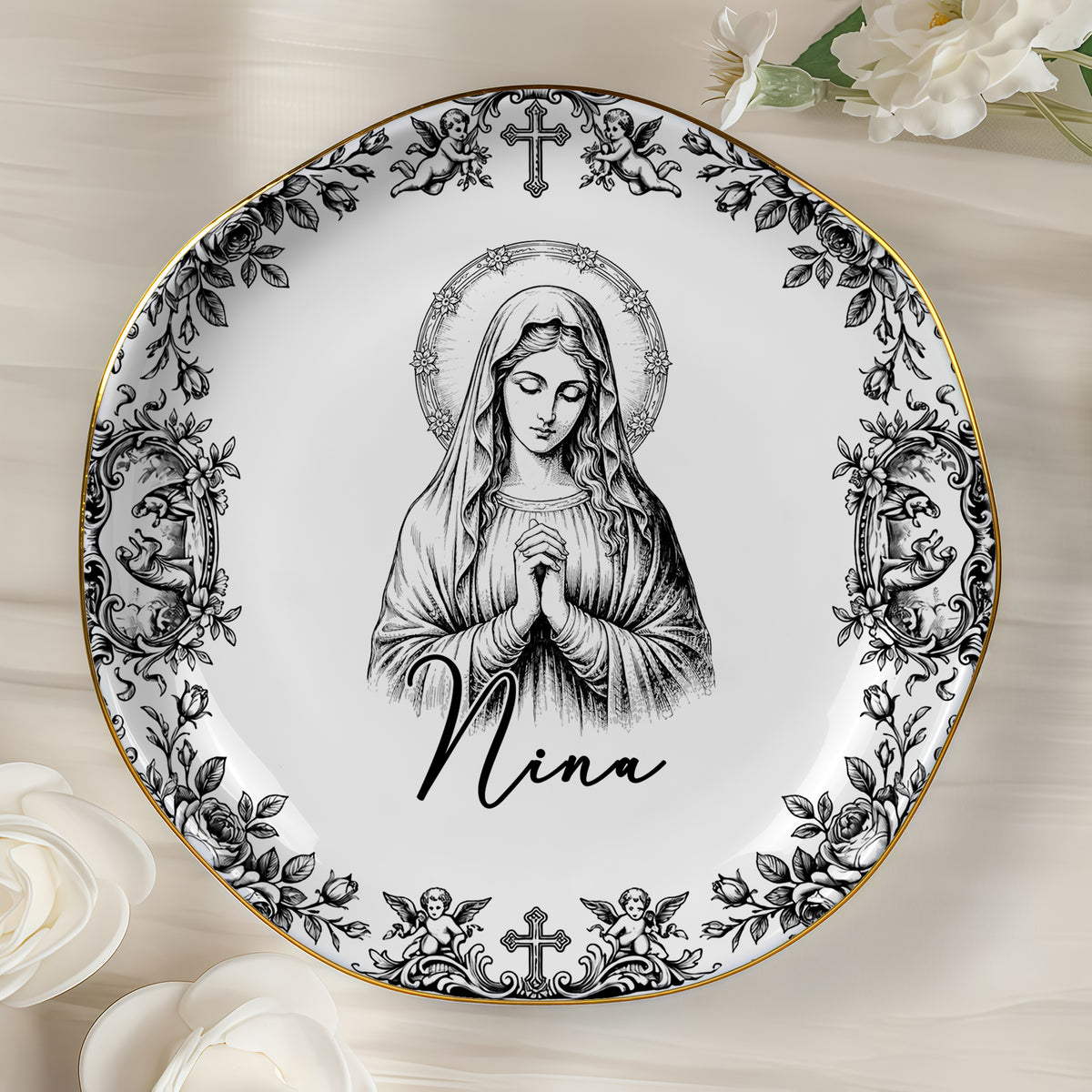 Virgin Mary Plate Personalized Catholic Ceramic Trinket Dish Vintage Religious Christian Baptism Gif