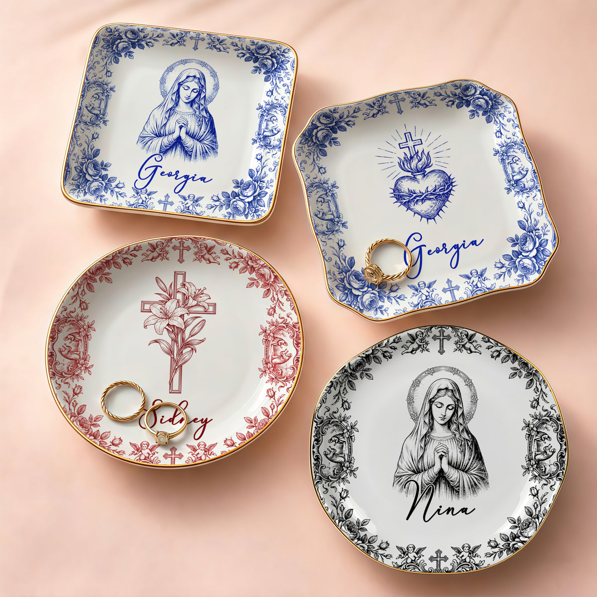 Close-up of Virgin Mary Plate Personalized Catholic Ceramic Trinket Dish Vintage Religious Christian Baptism Gif