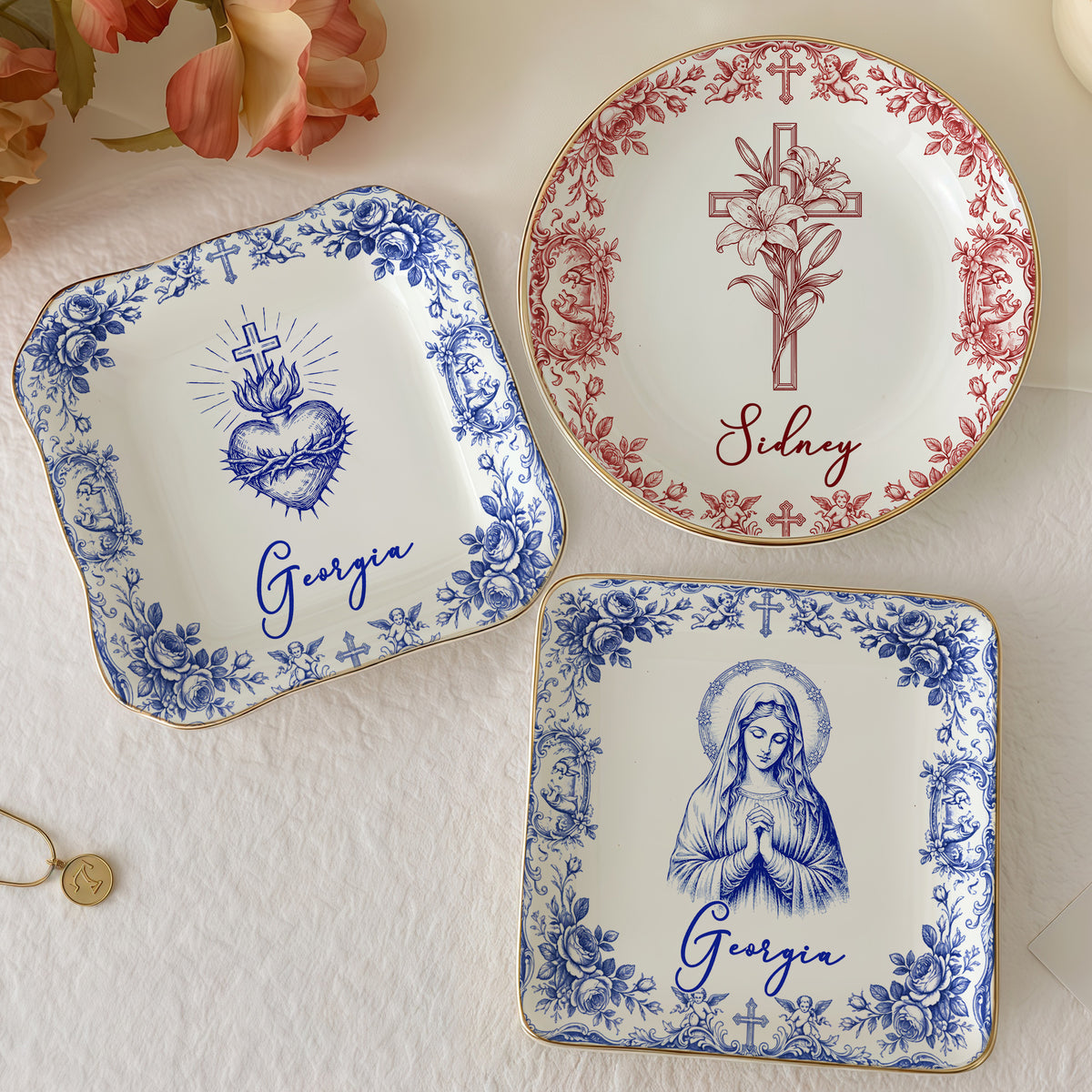 Close-up of Virgin Mary Plate Personalized Catholic Ceramic Trinket Dish Vintage Religious Christian Baptism Gif