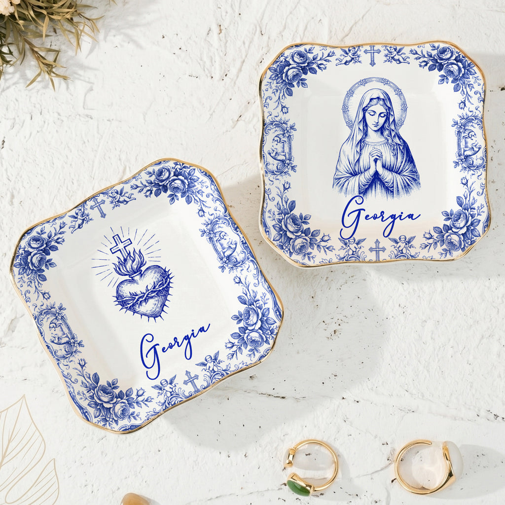 Virgin Mary Plate Personalized Catholic Ceramic Trinket Dish Vintage Religious Christian Baptism Gif