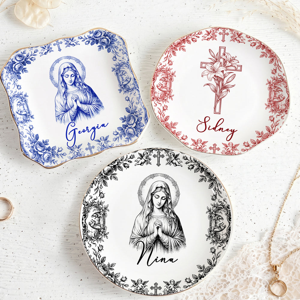 Virgin Mary Plate Personalized Catholic Ceramic Trinket Dish Vintage Religious Christian Baptism Gif available at our Los Angeles warehouse