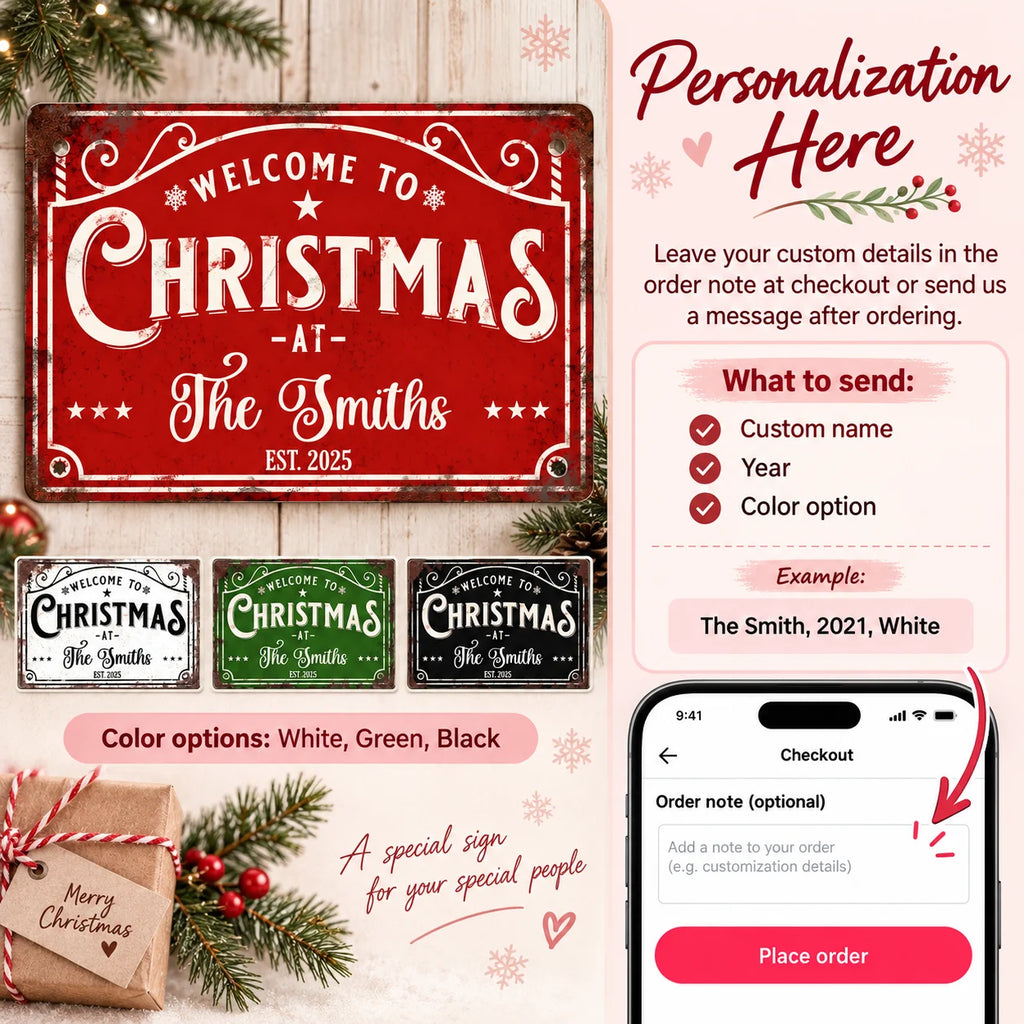 WELCOME TO CHRISTMAS Sign Personalized Vintage Metal Holiday Porch Decor Custom Family Name