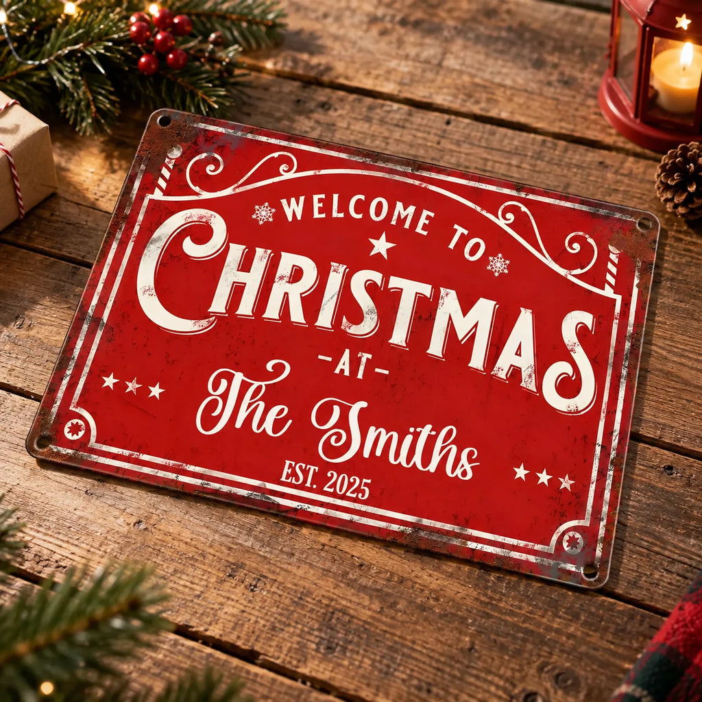 WELCOME TO CHRISTMAS Sign Personalized Vintage Metal Holiday Porch Decor Custom Family Name
