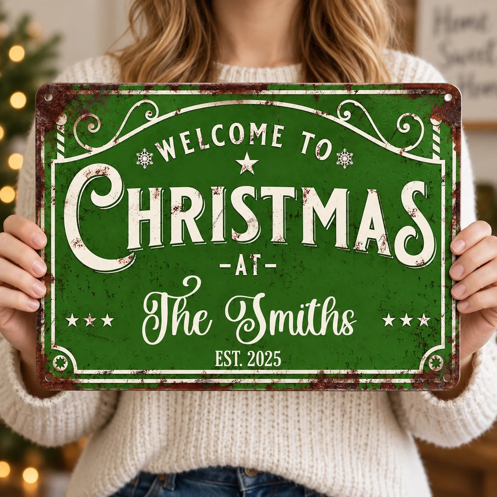 Close-up of WELCOME TO CHRISTMAS Sign Personalized Vintage Metal Holiday Porch Decor Custom Family Name