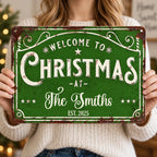 Close-up of WELCOME TO CHRISTMAS Sign Personalized Vintage Metal Holiday Porch Decor Custom Family Name