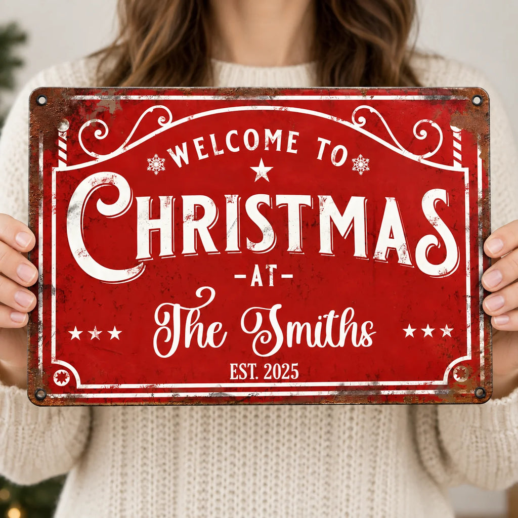 WELCOME TO CHRISTMAS Sign Personalized Vintage Metal Holiday Porch Decor Custom Family Name