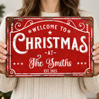 WELCOME TO CHRISTMAS Sign Personalized Vintage Metal Holiday Porch Decor Custom Family Name