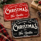 Close-up of WELCOME TO CHRISTMAS Sign Personalized Vintage Metal Holiday Porch Decor Custom Family Name