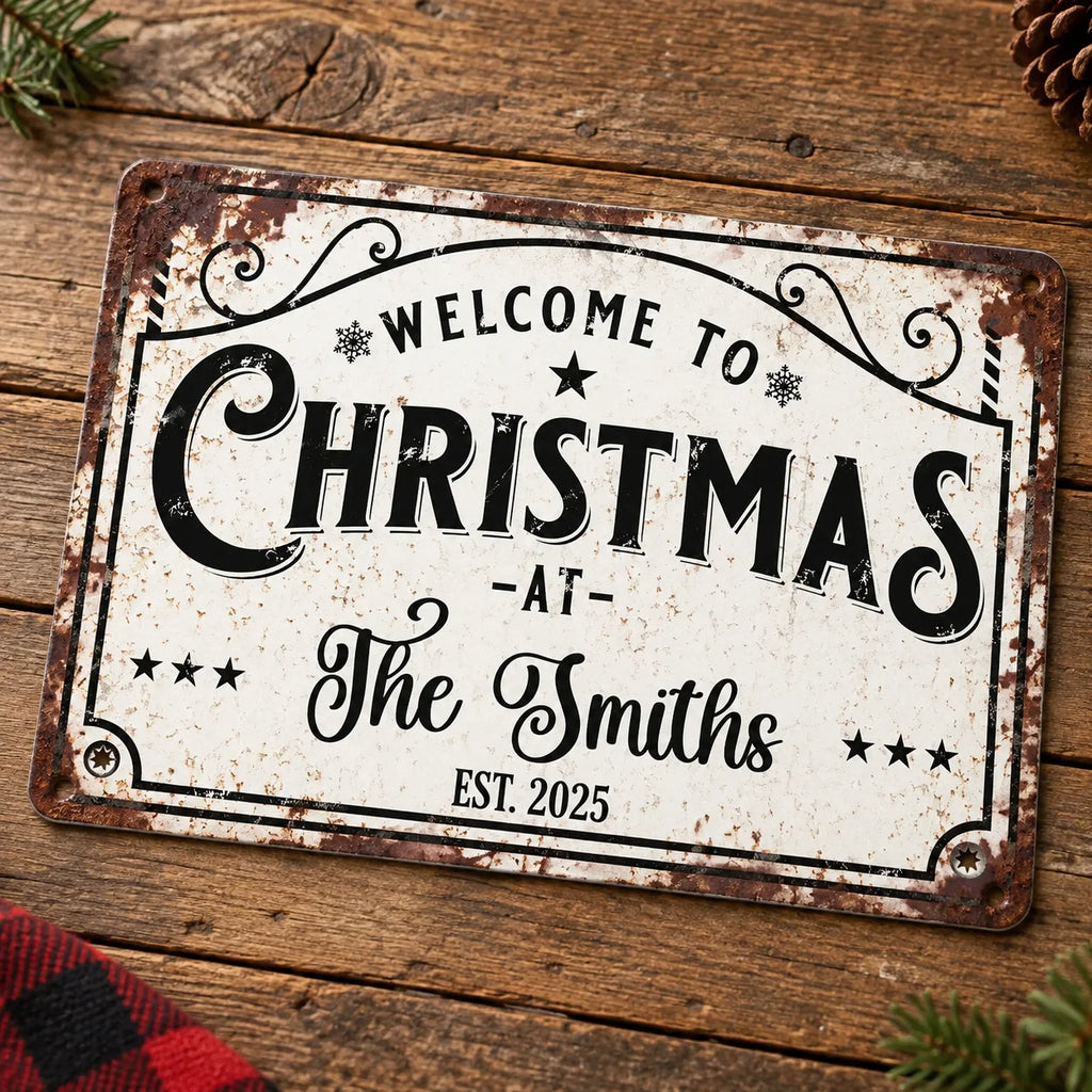 WELCOME TO CHRISTMAS Sign Personalized Vintage Metal Holiday Porch Decor Custom Family Name