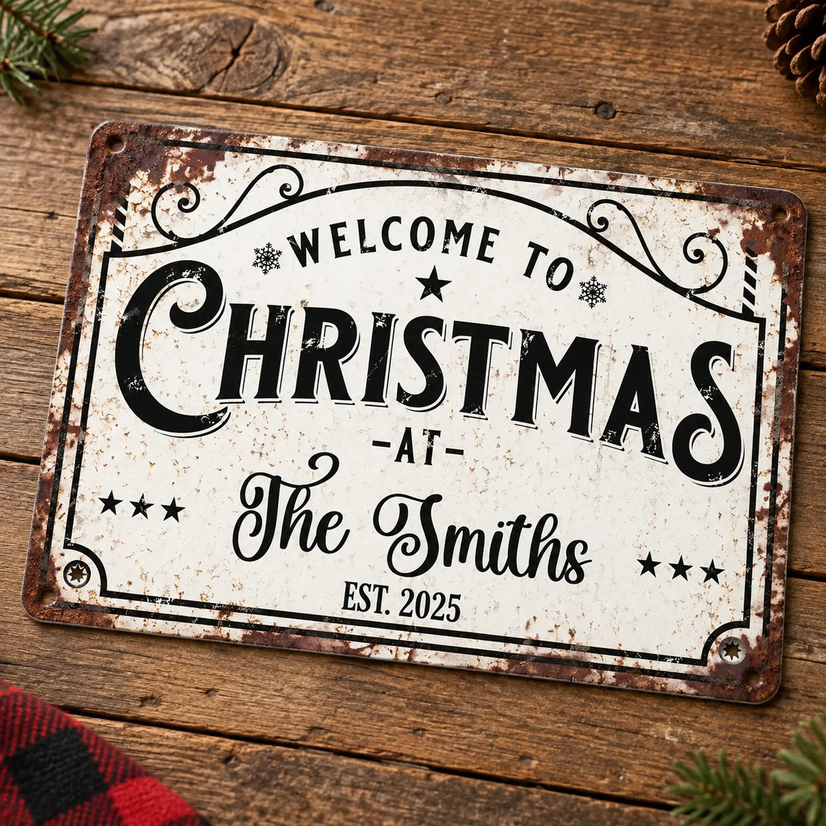 WELCOME TO CHRISTMAS Sign Personalized Vintage Metal Holiday Porch Decor Custom Family Name