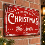Close-up of WELCOME TO CHRISTMAS Sign Personalized Vintage Metal Holiday Porch Decor Custom Family Name