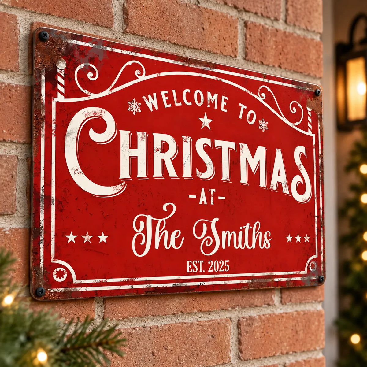 Close-up of WELCOME TO CHRISTMAS Sign Personalized Vintage Metal Holiday Porch Decor Custom Family Name