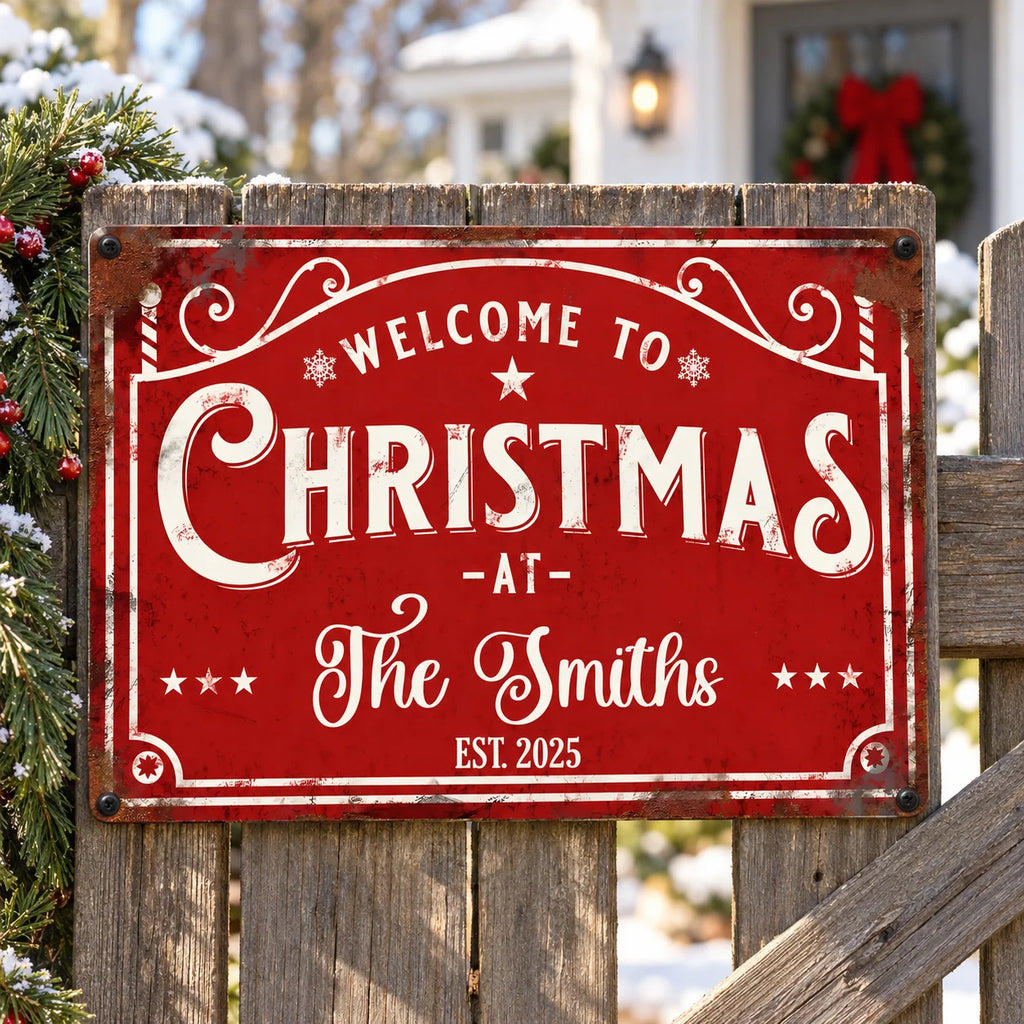 WELCOME TO CHRISTMAS Sign Personalized Vintage Metal Holiday Porch Decor Custom Family Name