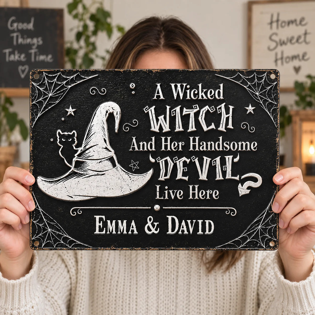 Wicked Witch And Her Handsome Devil Live Here Sign Halloween Couple Decor Vintage Gothic Metal Wall