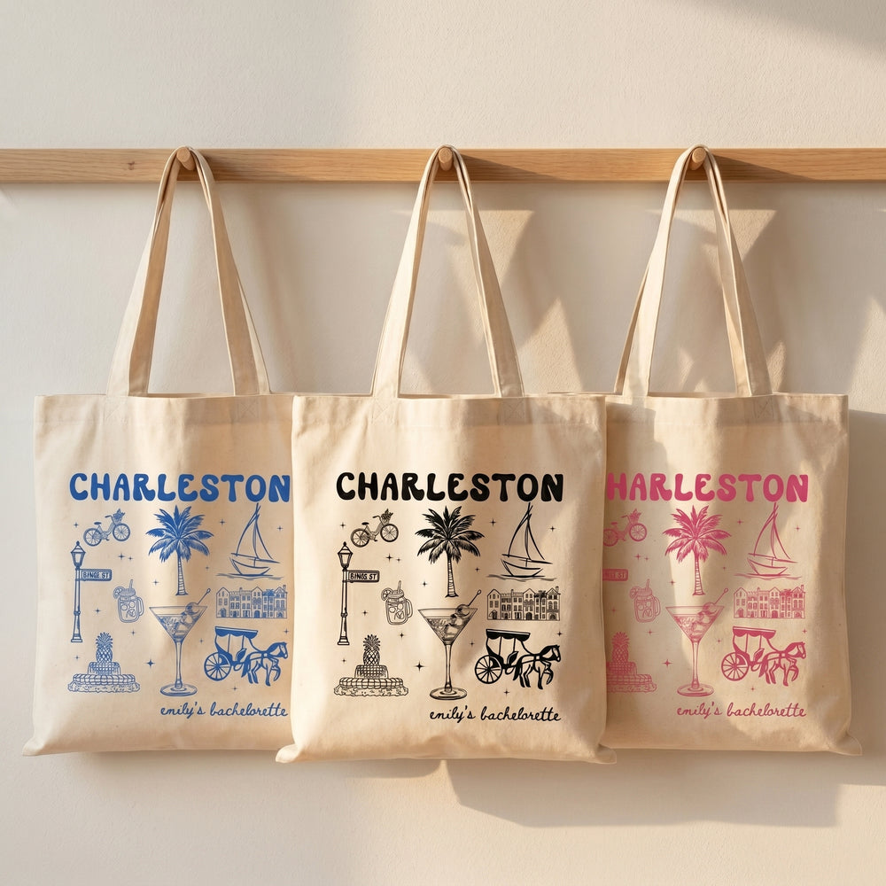 Personalized Charleston Bachelorette Canvas Tote Bag Custom Bridal Party Favor for Bridesmaids Preppy Coastal Southern Charm Hand-Drawn Aesthetic Natural Cotton Destination Wedding Welcome Totes Swag Bag Gift