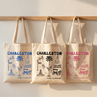 Personalized Charleston Bachelorette Canvas Tote Bag Custom Bridal Party Favor for Bridesmaids Preppy Coastal Southern Charm Hand-Drawn Aesthetic Natural Cotton Destination Wedding Welcome Totes Swag Bag Gift