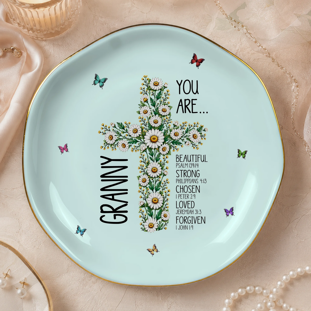 Round light blue ceramic trinket dish featuring a daisy cross, butterflies, Psalm 139:14 text, and the custom name Granny.