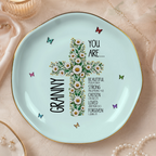 Round light blue ceramic trinket dish featuring a daisy cross, butterflies, Psalm 139:14 text, and the custom name Granny.