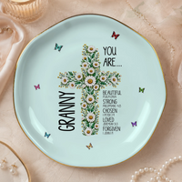 Personalized Christian Trinket Dish Jewelry Tray Birth Flower Cross You Are Bible Verse Affirmations, Cottagecore Coquette Aesthetic Pastel Ceramic with Gold Scalloped Rim Ring Dish, Custom Name Floral Cross Bible Verses Encouragement Religious Gift