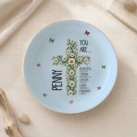 Personalized Christian Trinket Dish Jewelry Tray Birth Flower Cross You Are Bible Verse Affirmations, Cottagecore Coquette Aesthetic Pastel Ceramic with Gold Scalloped Rim Ring Dish, Custom Name Floral Cross Bible Verses Encouragement Religious Gift