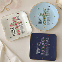 Personalized Christian Trinket Dish Jewelry Tray Birth Flower Cross You Are Bible Verse Affirmations, Cottagecore Coquette Aesthetic Pastel Ceramic with Gold Scalloped Rim Ring Dish, Custom Name Floral Cross Bible Verses Encouragement Religious Gift