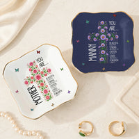 Personalized Christian Trinket Dish Jewelry Tray Birth Flower Cross You Are Bible Verse Affirmations, Cottagecore Coquette Aesthetic Pastel Ceramic with Gold Scalloped Rim Ring Dish, Custom Name Floral Cross Bible Verses Encouragement Religious Gift