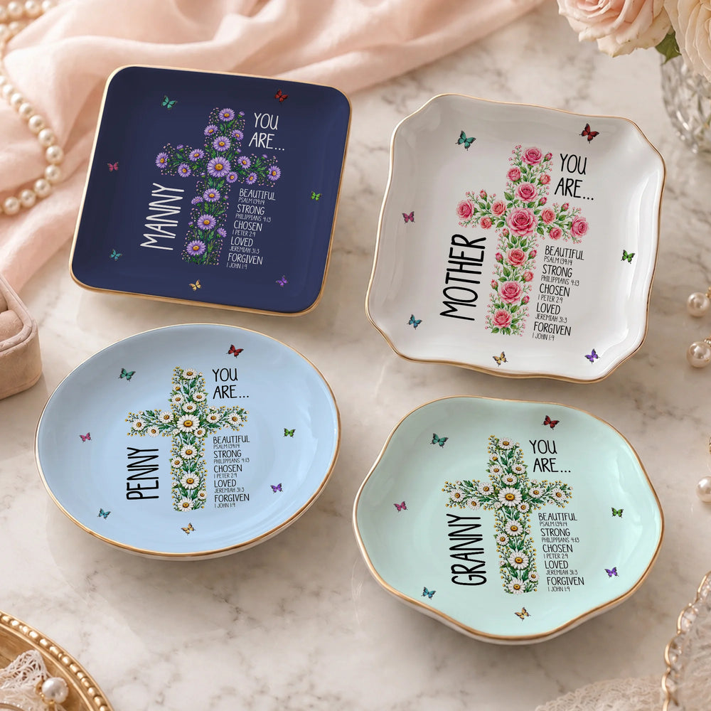 Personalized Christian Trinket Dish Jewelry Tray Birth Flower Cross You Are Bible Verse Affirmations, Cottagecore Coquette Aesthetic Pastel Ceramic with Gold Scalloped Rim Ring Dish, Custom Name Floral Cross Bible Verses Encouragement Religious Gift